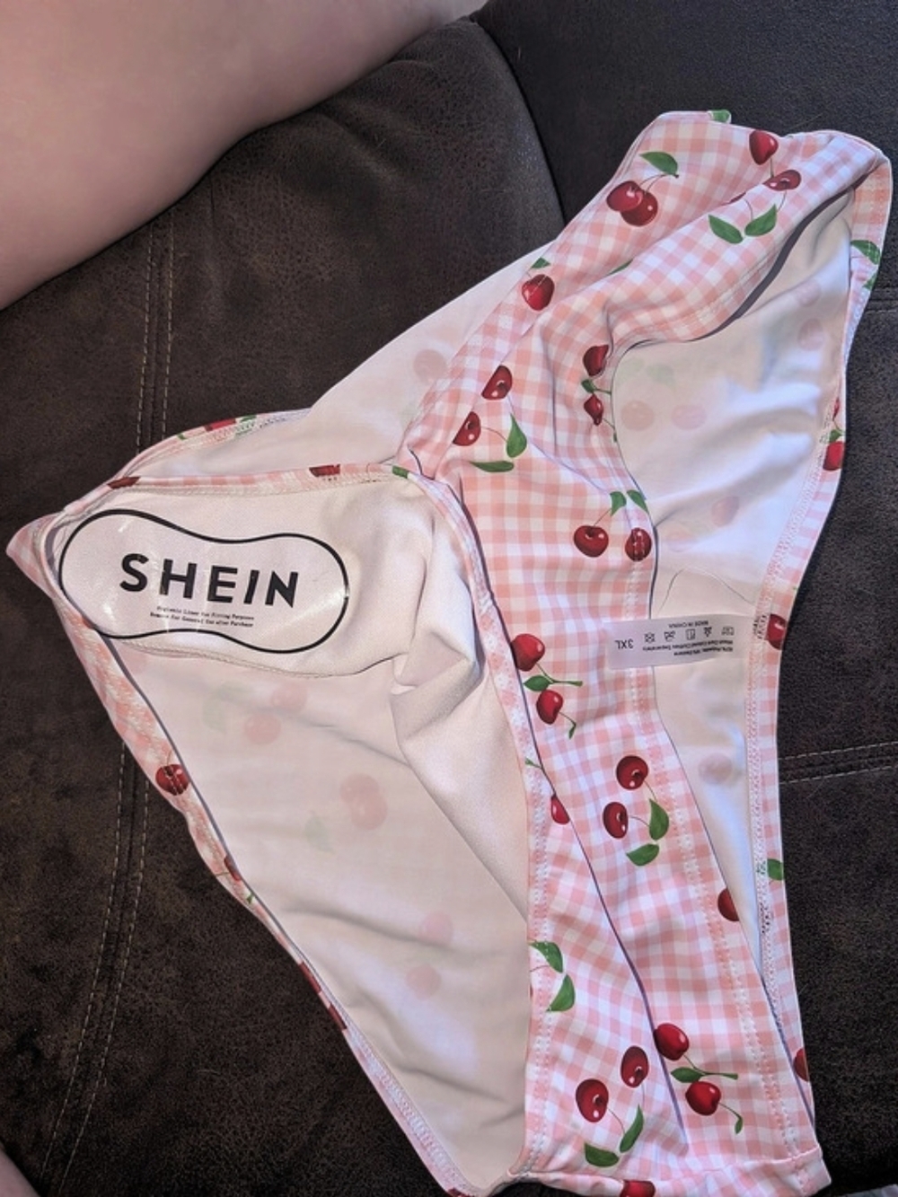 SHEIN Pink Gingham & Cherry Print High Waist Bikini Bottom 3XL